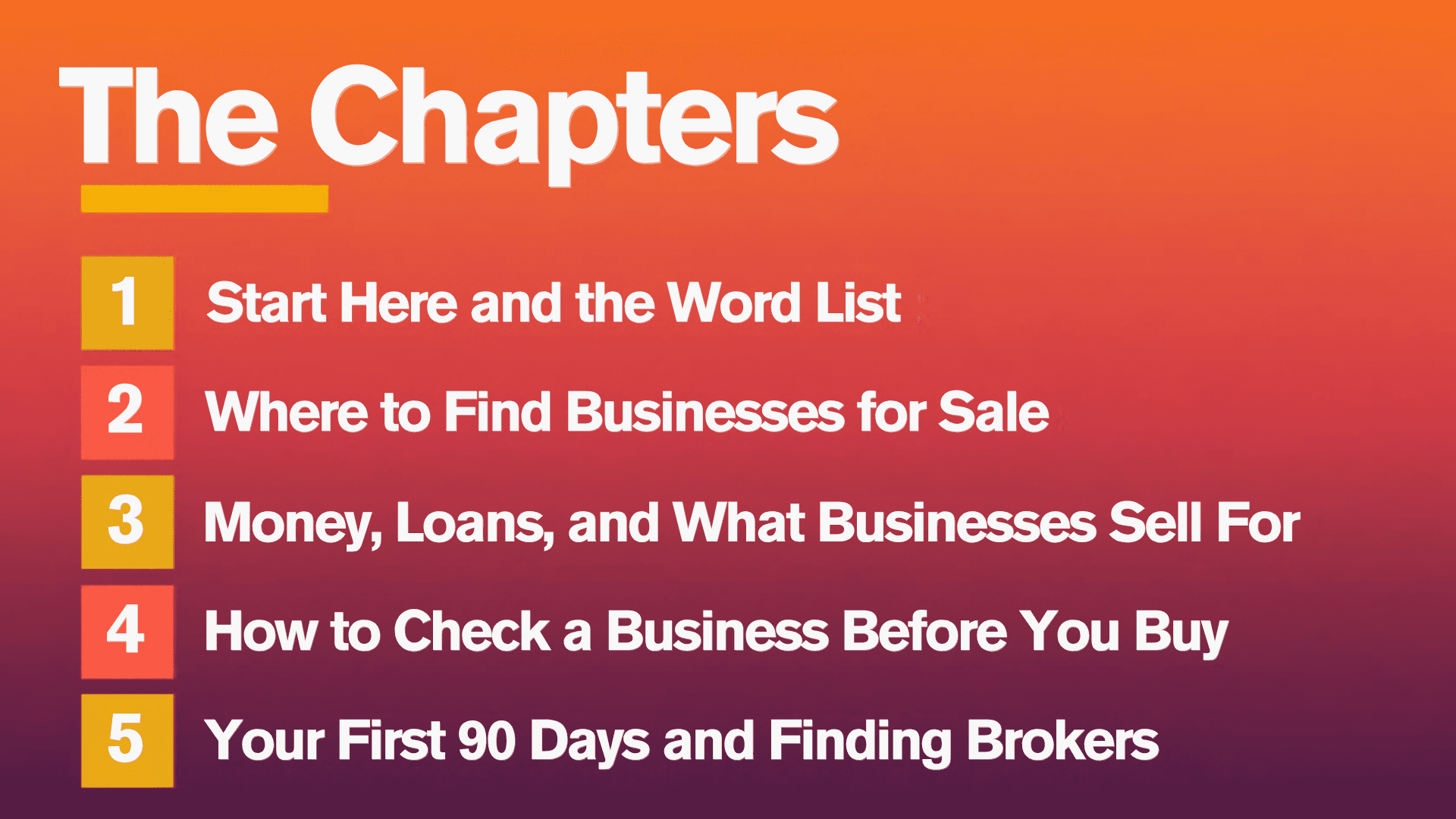The five chapters: Start Here and the Word List, Where to Find Businesses for Sale, Money Loans and What Businesses Sell For, How to Check a Business Before You Buy, Your First 90 Days and Finding Brokers.